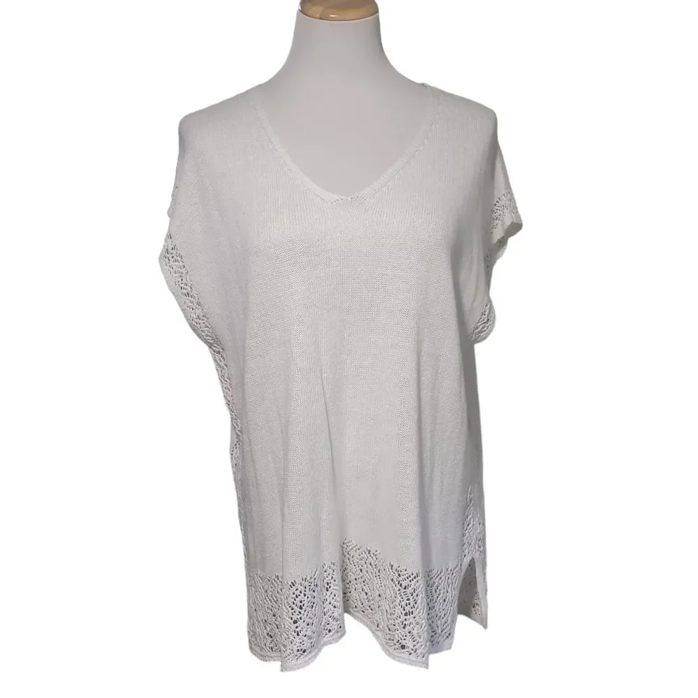 Talbots Solid White Linen Cotton V Neck Knit Sweater Top Blouse Crochet S/M